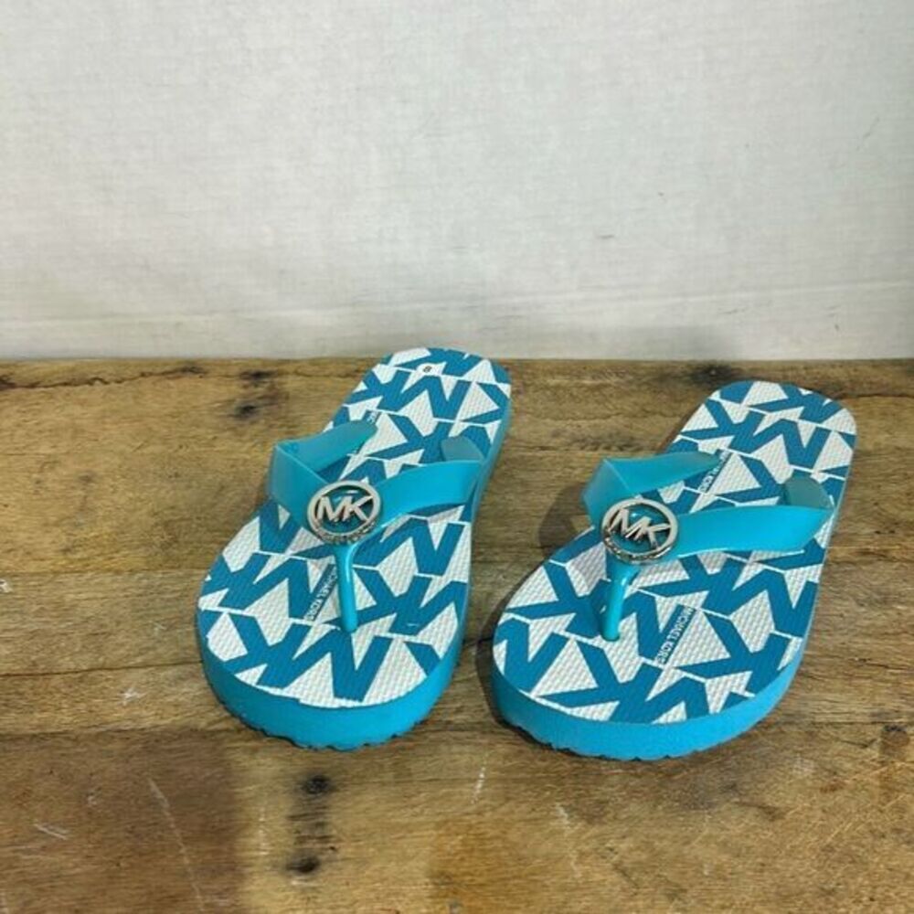 Michael Kors Womens Blue & White MK Logo Allover Print Flat Flip Flop Size 4/5